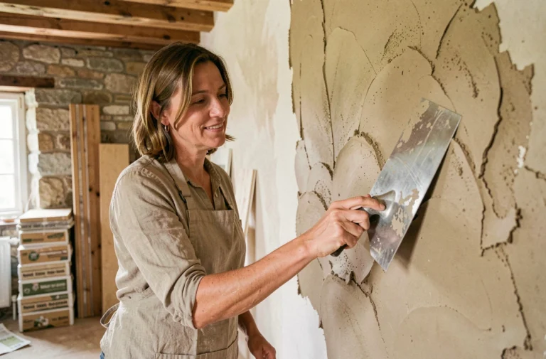 Femme appliquant un enduit en argile naturelle sur un mur intérieur lors d'une rénovation écologique