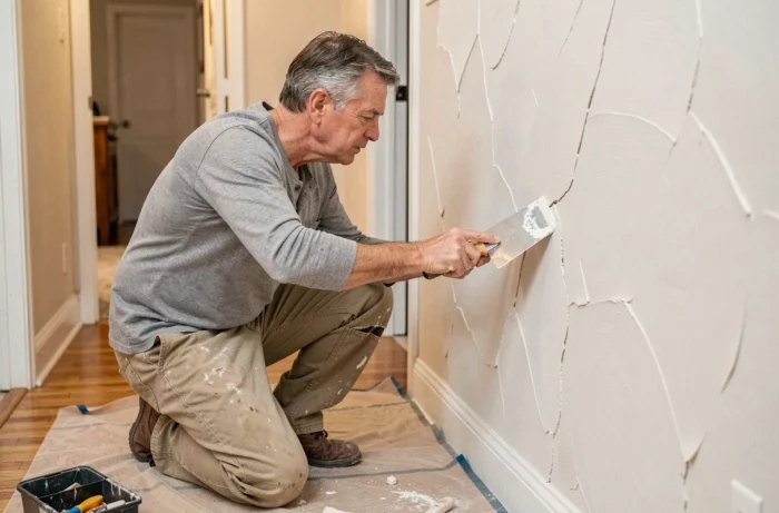 Homme réparant une fissure dans un mur intérieur avec un couteau à enduire dans un couloir d'une maison