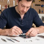 Homme réparant un smartphone sur un établi avec des outils de précision