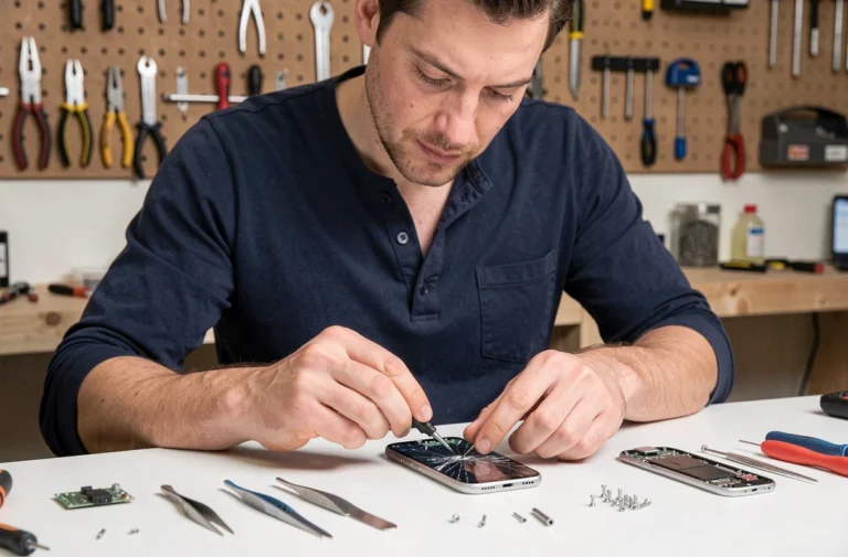 Homme réparant un smartphone sur un établi avec des outils de précision