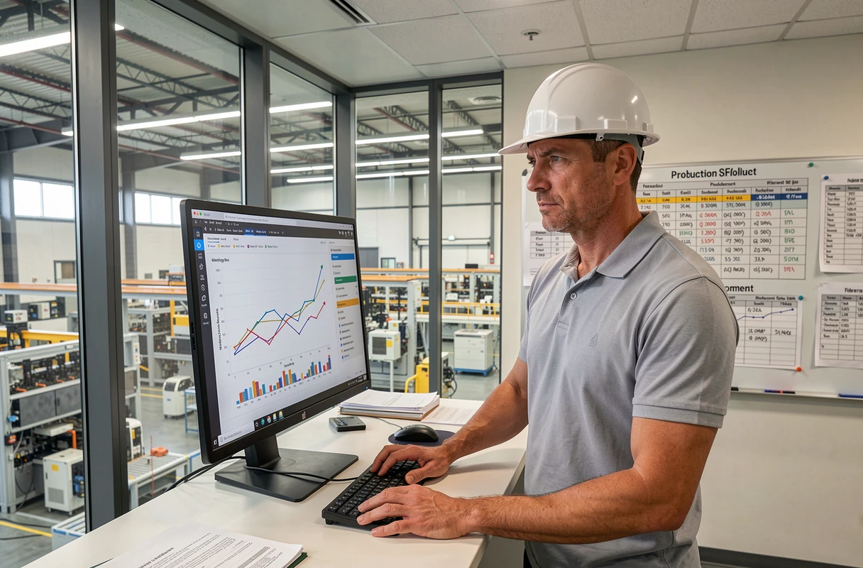 Responsable de production homme dans un bureau vitré surplombant une usine moderne