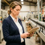 Responsable de production femme sur le plancher d'usine consultant un tableau de bord en 2024