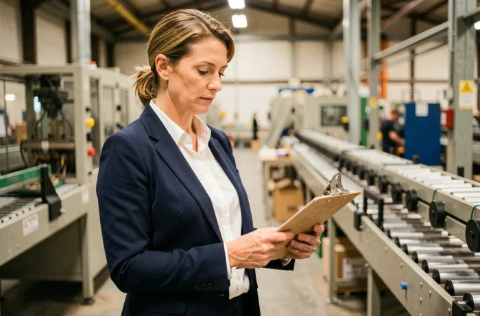 Responsable de production femme sur le plancher d'usine consultant un tableau de bord en 2024