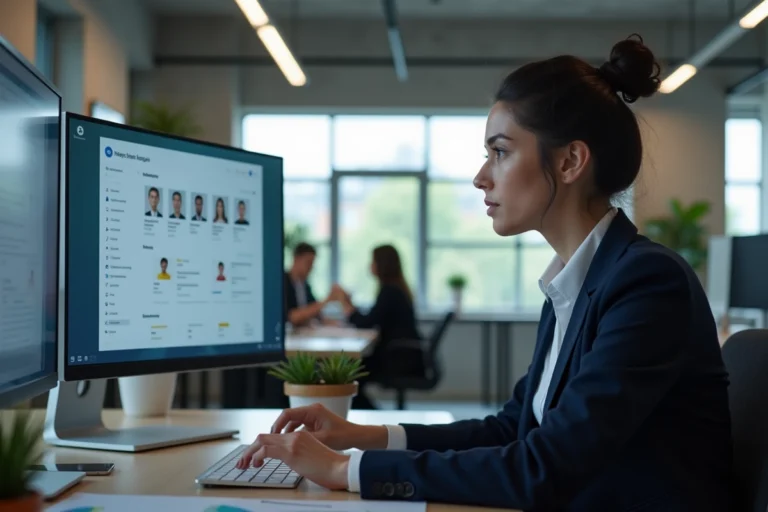 Responsable RH consultant des profils de candidats sur une plateforme de recrutement en ligne dans un bureau moderne