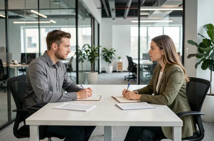 Deux professionnels en réunion discutant de questions d'éthique et de déontologie au travail dans un bureau moderne