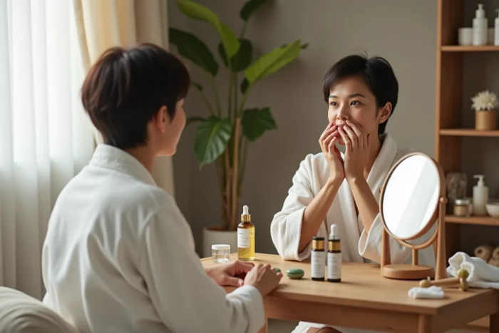 Femme en robe blanche devant sa coiffeuse avec des sérums et huiles de soin, routine beauté quotidienne