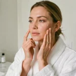 Femme appliquant un sérum sur son visage dans une salle de bain épurée, routine beauté quotidienne