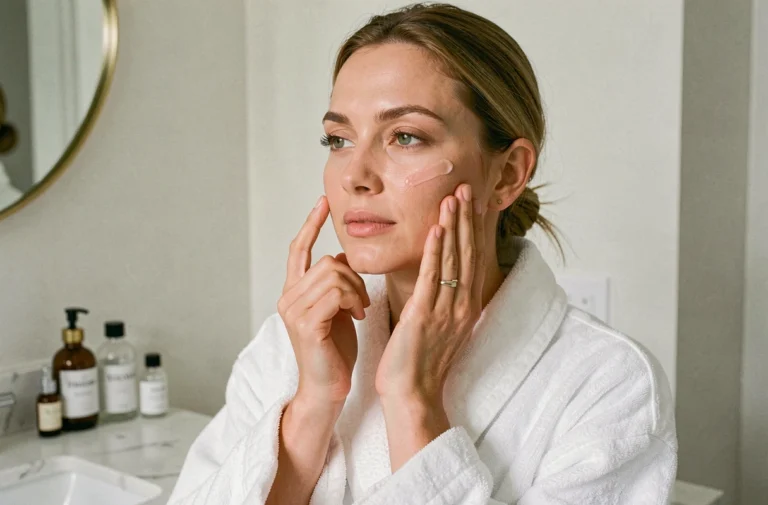 Femme appliquant un sérum sur son visage dans une salle de bain épurée, routine beauté quotidienne