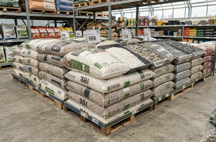 Rayon de jardinerie avec des sacs de gravier en vrac et des échantillons de gravillons blancs et gris à petit prix