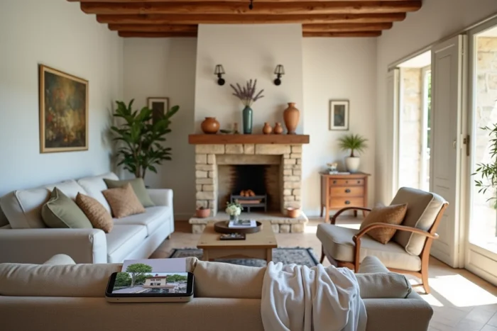 Intérieur d'un salon provençal bien agencé avec une annonce immobilière prête à vendre une maison à Aix-en-Provence