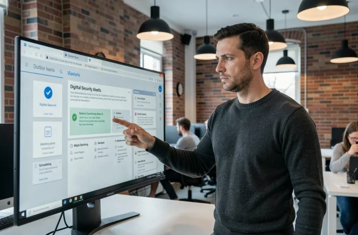 Professionnel analysant des outils de sécurité numérique pour prévenir le leak de contenus sur les plateformes sociales