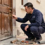 Serrurier professionnel en uniforme examinant une serrure de porte d'entrée dans un couloir d'immeuble parisien