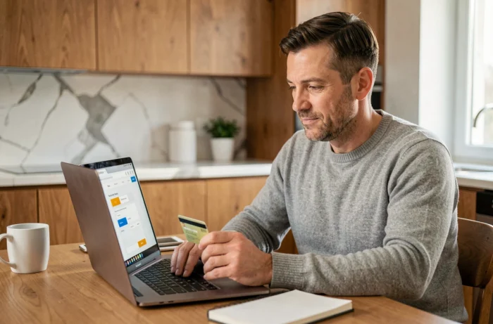 Homme utilisant les services bancaires en ligne depuis son domicile avec un ordinateur portable et une carte bancaire