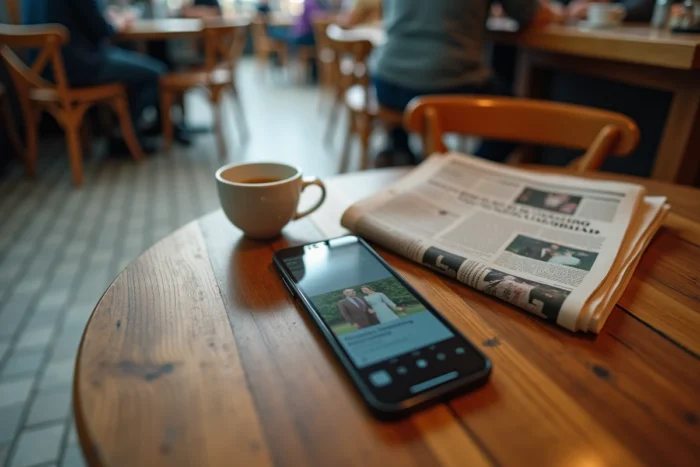 Smartphone posé sur une table de café affichant une photo de mariage sur les réseaux sociaux, symbolisant la curiosité du public face à la vie privée des personnalités