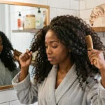 Jeune femme noire prenant soin de ses cheveux bouclés et crépus avec un peigne à larges dents devant un miroir de salle de bain