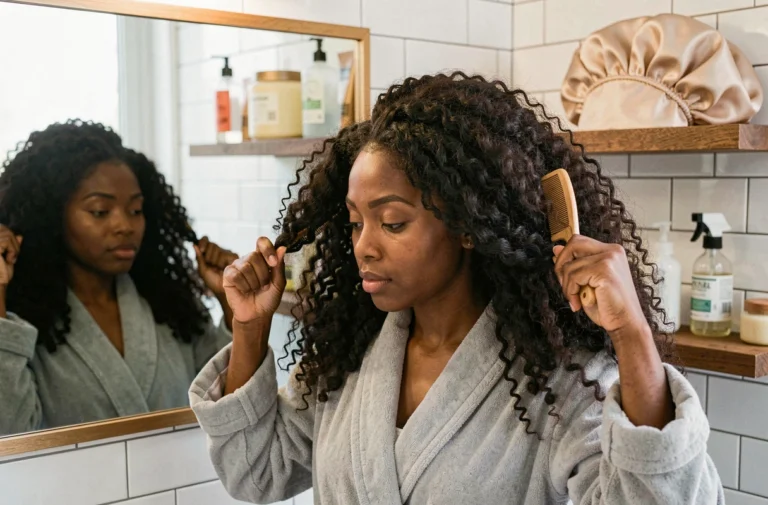 Jeune femme noire prenant soin de ses cheveux bouclés et crépus avec un peigne à larges dents devant un miroir de salle de bain