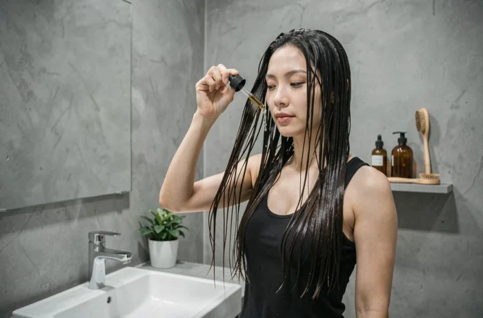 Femme asiatique aux cheveux longs et lisses appliquant un sérum capillaire dans une salle de bain moderne et minimaliste