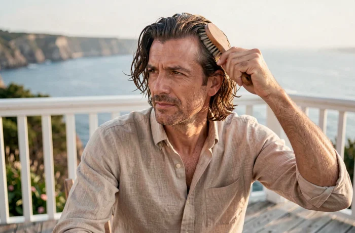 Homme aux cheveux ondulés bruns se coiffant avec une brosse en poils de sanglier sur une terrasse en bois face à la mer