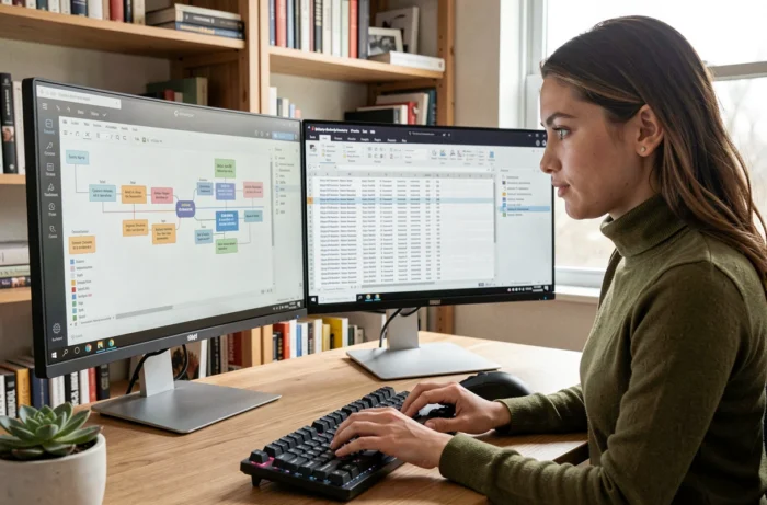 Jeune femme travaillant sur la structure de navigation d'un site web avec un double écran dans un bureau à domicile