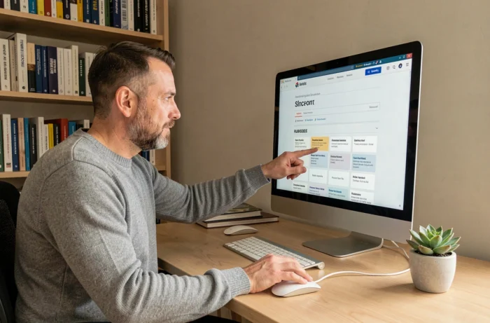 Auto-entrepreneur analysant la structure et les rubriques clés du site Club Auto-Entrepreneurs sur un écran de bureau