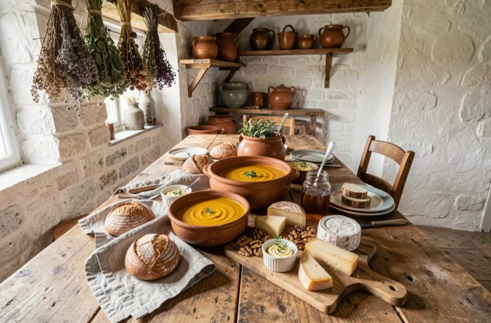 Table de ferme rustique dressée avec une soupe de potiron, pain au levain, fromages affinés et garnitures saisonnières automnales dans une cuisine en pierre