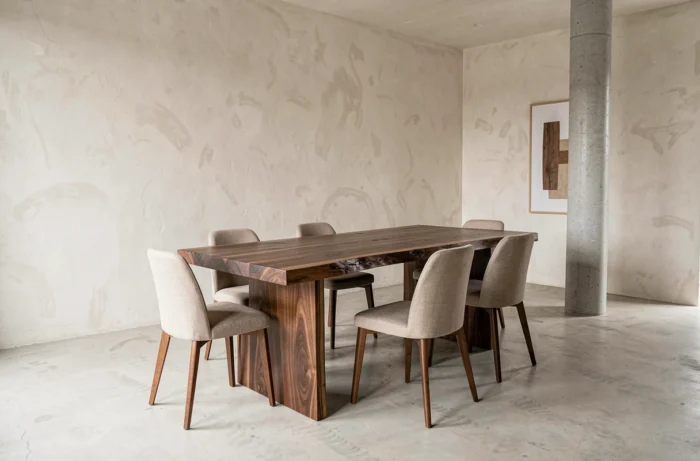 Table à manger en bois massif noyer avec bord live-edge, pièce centrale d'une salle à manger minimaliste et moderne