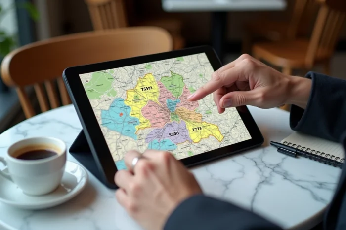 Tablette affichant la carte interactive des arrondissements de Paris avec codes postaux sur une table de café parisien