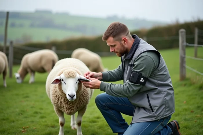Technicien en élevage équipant un mouton d'une bague électronique connectée pour le suivi numérique du troupeau en pâturage