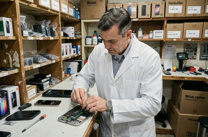 Technicien professionnel remplaçant la batterie d'un smartphone dans un atelier de réparation