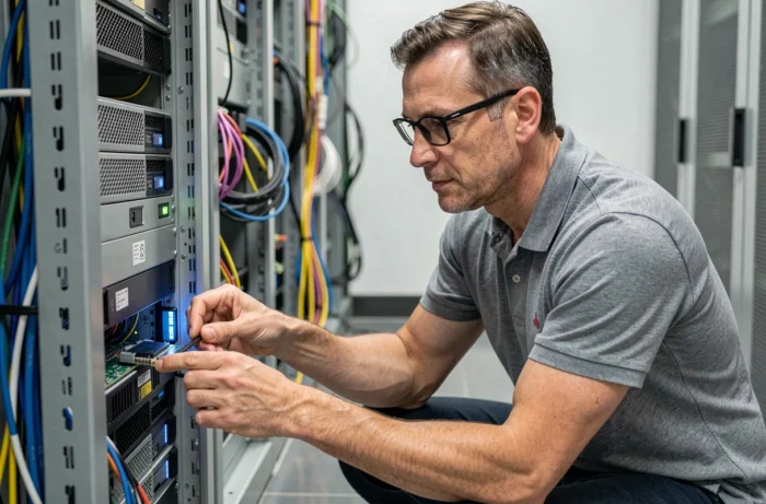 Technicien informatique installant une mise à jour de sécurité sur un ordinateur de bureau dans une salle serveur