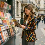 Femme tendance parcourant des magazines de mode à un kiosque parisien en 2024