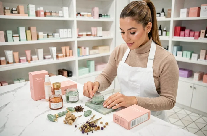 Femme arrangeant des produits de beauté tendance sur marbre blanc dans un espace de concept store beauté et bien-être