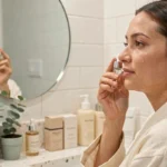 Femme appliquant un sérum visage dans une salle de bain moderne et épurée, tendances beauté naturelle et soins de peau