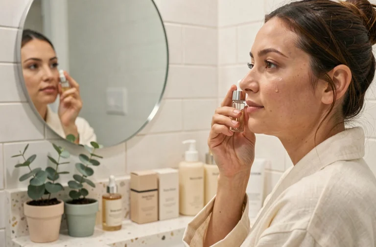 Femme appliquant un sérum visage dans une salle de bain moderne et épurée, tendances beauté naturelle et soins de peau