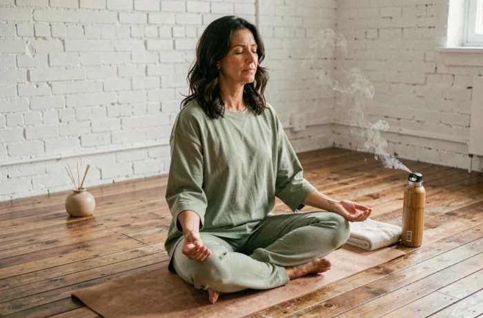 Femme en tenue athleisure pratiquant la méditation dans un studio de bien-être en bois, tendances yoga et relaxation