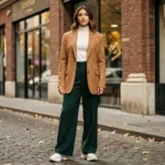 Jeune femme portant un blazer camel oversize et un pantalon vert bouteille sur une rue pavée parisienne, style mode automne tendance