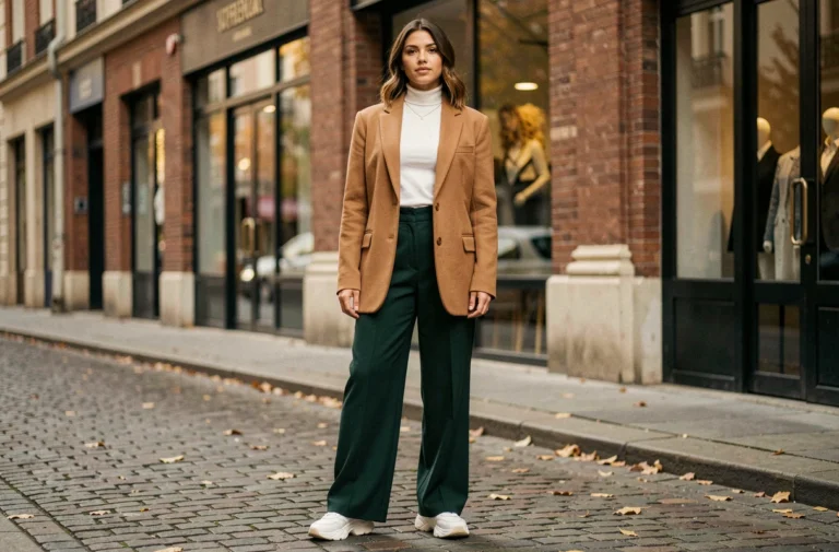 Jeune femme portant un blazer camel oversize et un pantalon vert bouteille sur une rue pavée parisienne, style mode automne tendance
