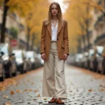 Femme élégante portant un blazer camel oversize et un pantalon large écru dans une rue parisienne en automne, tendances mode saison