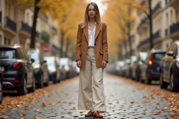 Femme élégante portant un blazer camel oversize et un pantalon large écru dans une rue parisienne en automne, tendances mode saison