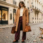Femme élégante en manteau camel oversize et pantalon bordeaux large, posant dans une rue pavée parisienne en automne, illustrant les tendances mode de la saison