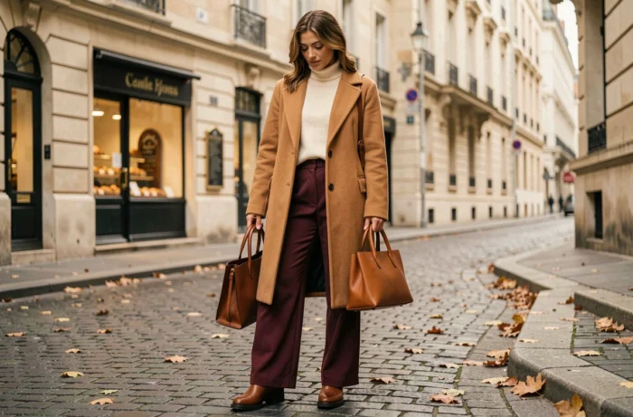 Femme élégante en manteau camel oversize et pantalon bordeaux large, posant dans une rue pavée parisienne en automne, illustrant les tendances mode de la saison