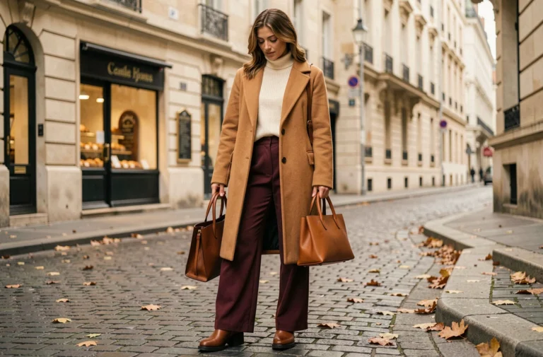 Femme élégante en manteau camel oversize et pantalon bordeaux large, posant dans une rue pavée parisienne en automne, illustrant les tendances mode de la saison