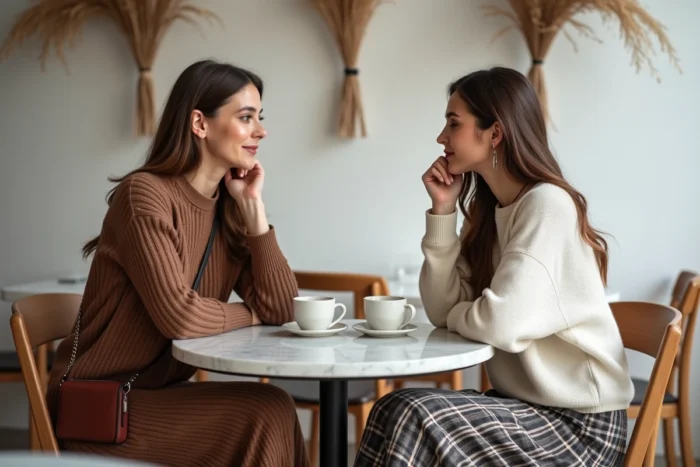 Deux femmes élégantes en tenues tendance automne-hiver — robe en maille marron et jupe tartan — attablées dans un café scandinave minimaliste
