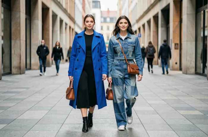 Deux femmes arborant des tenues tendance dans la rue, trench bleu cobalt et co-ord denim patchwork, style mode urbain contemporain