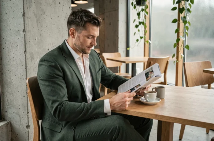 Homme élégant en costume vert sapin texturé assis dans un café design scandinave, représentant les tendances mode masculine chic et décontractée de la saison