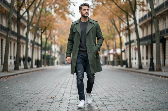 Homme stylé en trench-coat vert forêt marchant sur une avenue parisienne pavée en automne, incarnant les tendances mode masculines de la saison