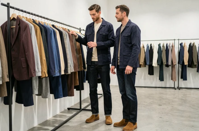 Homme stylé en veste utilitaire marine et jean brut dans une boutique concept minimaliste, tendances mode masculine moderne