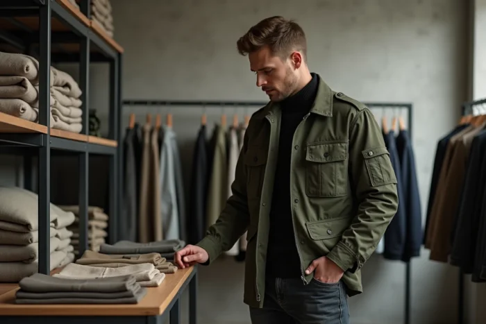 Homme en veste utilitaire verte et jean slim explorant les tendances mode dans un concept store contemporain au design épuré