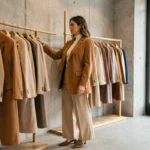 Femme élégante en blazer camel et pantalon large dans une boutique de mode parisienne minimaliste, explorant les tendances de la saison