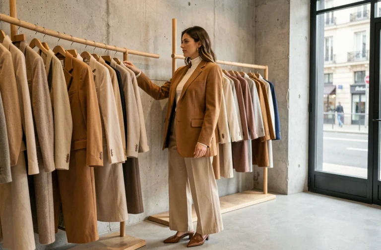 Femme élégante en blazer camel et pantalon large dans une boutique de mode parisienne minimaliste, explorant les tendances de la saison